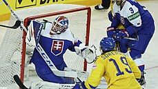 Slovenský gólman Adam Húska se snaží vyrazit pokus Švéda Marcuse Sörensena.