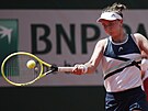 Barbora Krejíková se opírá do forhendu ve tvrtfinále Roland Garros.