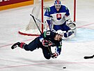Slovenský branká Adam Húska sleduje, jak americký hokejista Conor Garland padá...