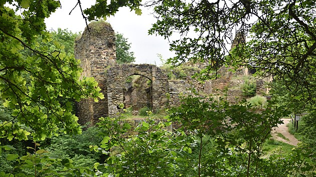 Zřícenina hradu Krašov na Plzeňsku se nachází na území obce Rohy. Stojí 120 metrů nad hladinou řeky Berounky. (6. 6. 2021)