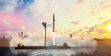 Ilustrace lodi Starship startující z moské ploiny v rámci mezikontinentální...