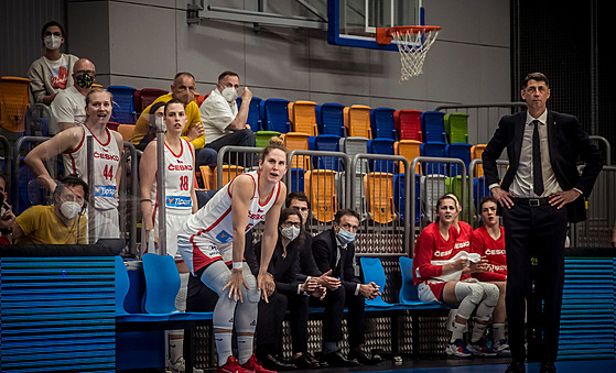 eské basketbalistky a jejich trenér tefan Svitek sledují zápas.