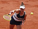 Barbora Krejíková na podání ve finále Roland Garros