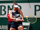 Barbora Krejíková se opírá do úderu bhem finále dvouhry na Roland Garros.