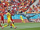 Severomakedonský gólman Stole Dimitrievski vyráí na Euru v zápase proti...