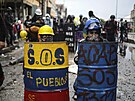 Kolumbijská policie zasahovala pi snaze místních obyvatel zniit sochy...