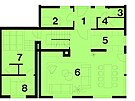 Horská chata: pdorys pízemí -1 zádveí, 2 hostinský pokoj, 3 WC, 4 koupelna,...