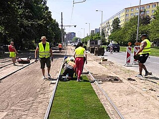 Na tramvajovou trať v Ostravě-Výškovicích dělníci pokládají travnaté koberce...