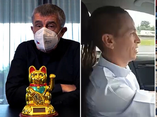 Zleva: Andrej Babiš s kočkou, Ivan Bartoš v autě a Petr Fiala na houpačce.
