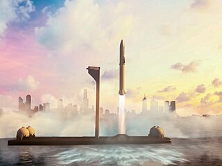 Ilustrace lodi Starship startující z mořské plošiny v rámci mezikontinentální...