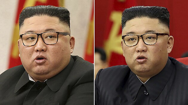 Kim zhubl. Severokorejsk vdce na snmku z nora 2021 (vlevo) a ervna 2021.