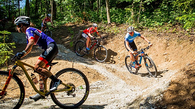 Kateina Nash testuje nov prachatick singltrek. Sth ji redaktor MF DNES Frantiek Linduka
(v modrm) a lenov mstnho cyklistickho oddlu.