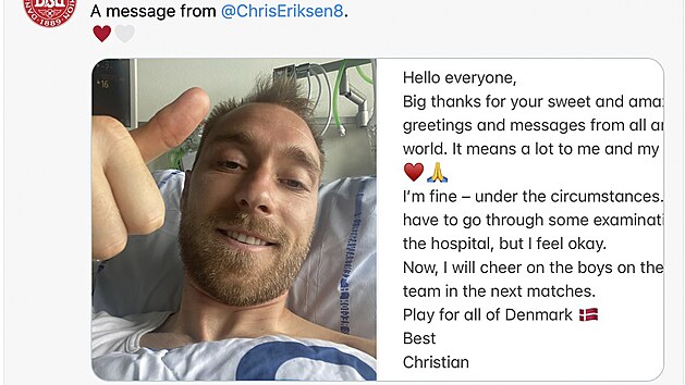 Dnsk fotbalov asociace publikovala na socilnch stch vzkaz od Christiana Eriksena z nemocninho lka.