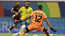 Brazilec Neymar v šanci před venezuelských brankářem Joelem Graterolem.