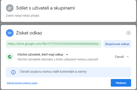 Nastavení sdílení souboru v Google disku
