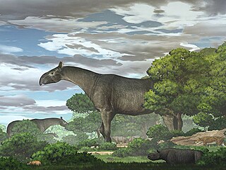 Umělecká rekonstrukce obřího nosorožce Paraceratherium linxiaense, žijícího...
