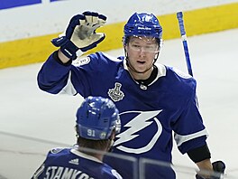 Ondej Palát (18) a Steven Stamkos z Tampa Bay oslavují finálový gól.