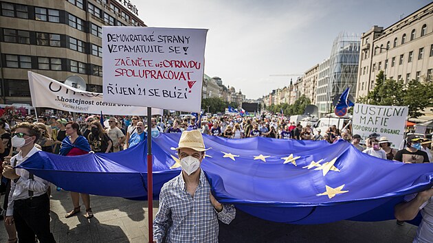 Milion chvilek pro demokracii uspořádal další demonstraci na pražském Václavském náměstí. Na akci s názvem Jdeme do finále: NECOUVNEME! přišlo asi pět tisíc lidí. (20. června 2021)