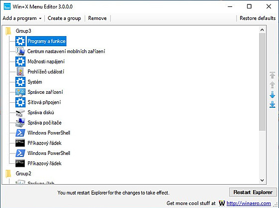 Program Win+X Menu Editor pro pravu power nabdky