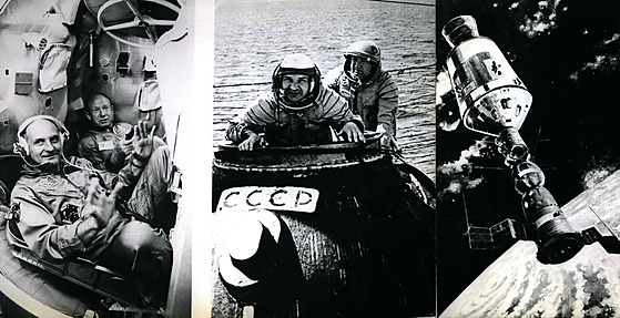 Kosmonauti Alexej Leonov a Pavel Běljajev na kabině lodi Voschod 2