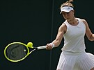 Barbora Krejíková se opírá do forhendu ve druhém kole Wimbledonu.