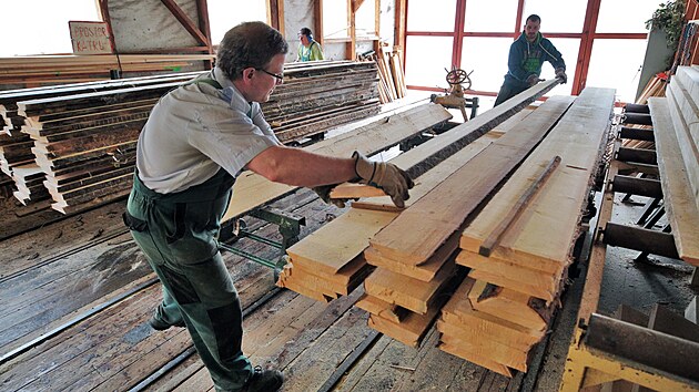 Lázeňské lesy Karlovy Vary připravují na vlastní pile dřevo na opravu domů poničených tornádem na Moravě.