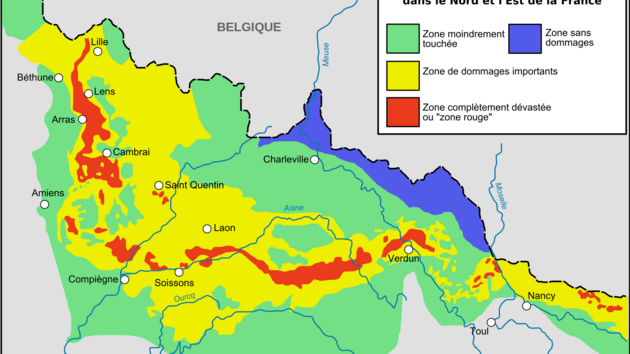 Takto vypadala mapka krajinných zón poničených válkou ve Francii hned po válce. Červená na ní zůstala dodnes.
