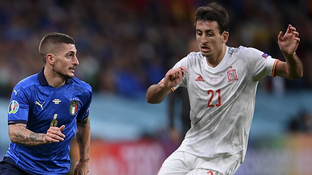 Italsk zlonk Marco Verratti (vlevo) a Mikel Oyarzabal ze panlska (vpravo) v akci bhem utkn semifinle mistrovstv Evropy.
