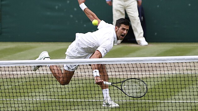 Novak Djokovič se snaží odehrát balonek u sítě v semifinále Wimbledonu.