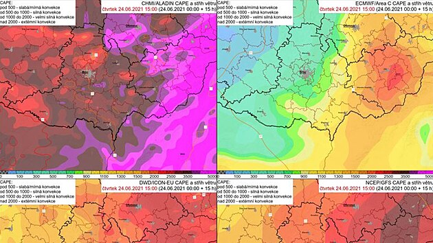Modelov pedpov parametru CAPE a stihu vtru (vysvtleno v textu) pro jin Moravu a okol v 15 UTC 24. 6. 2021.
