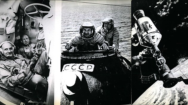 Kosmonauti Alexej Leonov a  Pavel Běljajev na kabině lodi Voschod 2