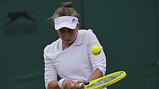 eská tenistka Barbora Krejíková returnuje proti Lotyce Anastasii Sevastovové...