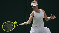 Barbora Krejíková se opírá do forhendu ve druhém kole Wimbledonu.