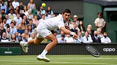 Srbský tenista Novak Djokovi se natahuje po balonku v semifinále Wimbledonu.