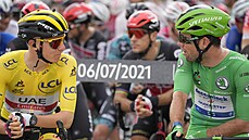 Tadej Pogaar v diskuzi s Markem Cavendishem ped startem desáté etapy Tour de...