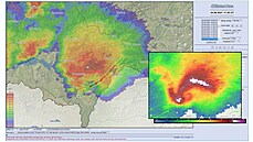 Snímek intenzity sráek ve výce 2 km na jihovýchod Moravy 17:20 UTC 24. 6....