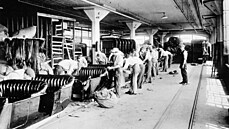 Pásová výroba v automobilce Ford: práce na sedadlech slavného modelu Ford T