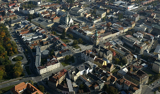 Letecký pohled na centrum Prostjova.