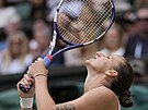 Natvaná Karolína Plíková po netrefeném úderu ve finále Wimbledonu