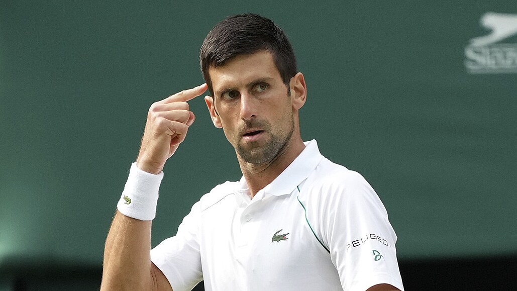 Novak Djokovič gestikuluje během finále Wimbledonu.