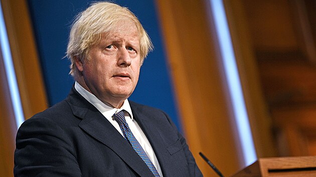 Britsk premir Boris Johnson bhem tiskov konference, kde informuje o rozvolnn koronavirovch restrikc. (12.ervence 2021)