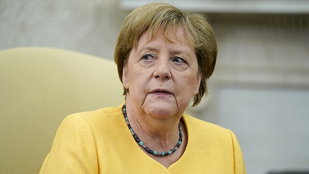 Německá kancléřka Angela Merkelová v Oválné pracovně v Bílém domě ve Washingtonu, USA (15. července 2021)