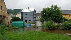 M�sto Dolní Poustevna, kde se vylil Lu�ní potok. (17. �ervence 2021)