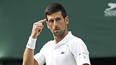 Novak Djokovič gestikuluje během finále Wimbledonu.