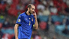 Soustedný Ital Giorgio Chiellini bhem prvního poloasu finále Eura proti...