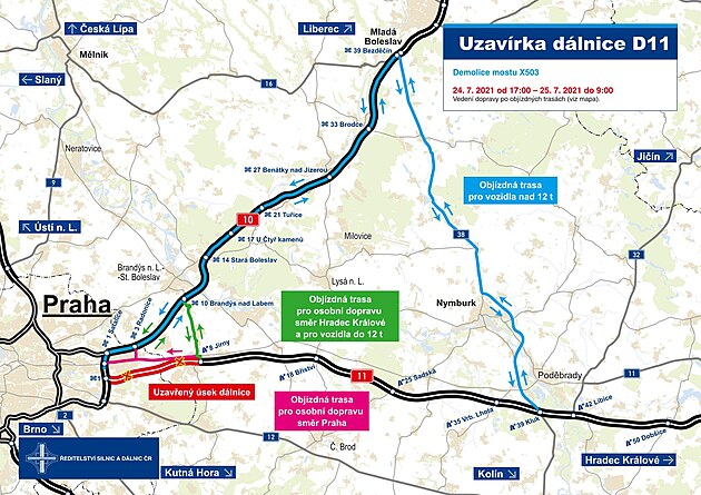 Technická správa komunikací hl. msta Prahy plánuje úplnou uzavírku dálnice D11...