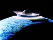 Umlecká pedstava masivní kolize asi 1000 km velkého objektu (planetoidu) s...