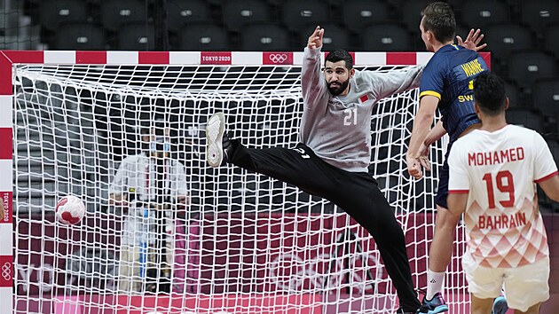 vdsk hzenk Hampus Wanne skruje na olympijskm turnaji v utkn proti Bahrajnu.