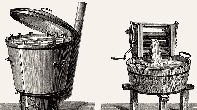 Stará pračka s kamínky a mandl. Dobová ilustrace