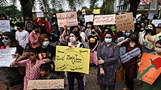 Aktivistky za práva en drí transparenty bhem demonstrace v Láhauru. (24....